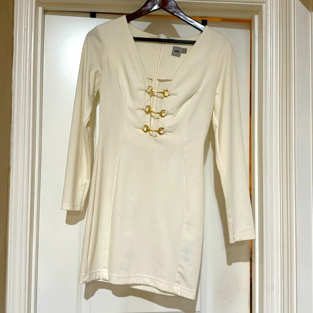 ASOS Cream Long Sleeve Mini Dress with Gold Buckle Detail